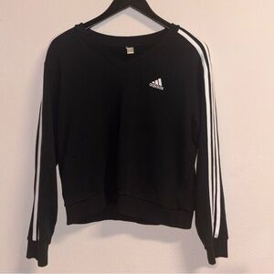Adidas Black 3 Stripe V Neck Sweatshirt Large Logo Pullover Top
